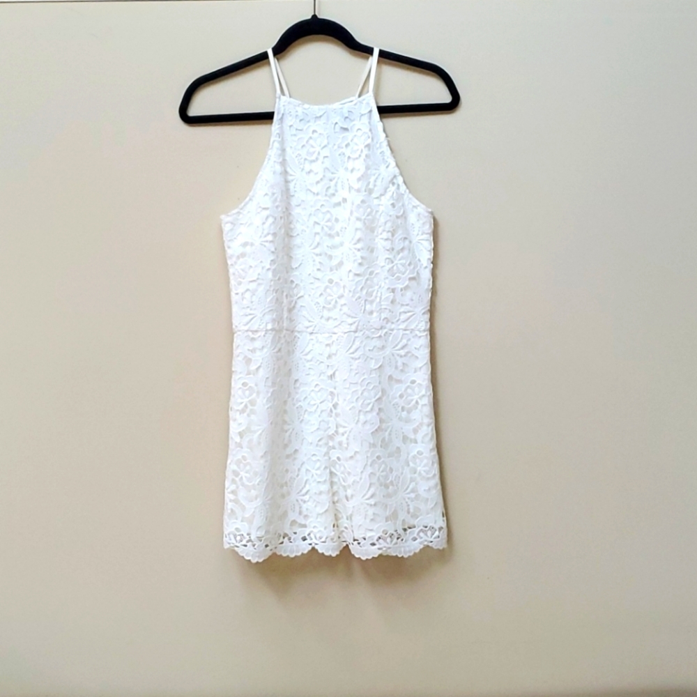 Aqua White Lace Halter Romper